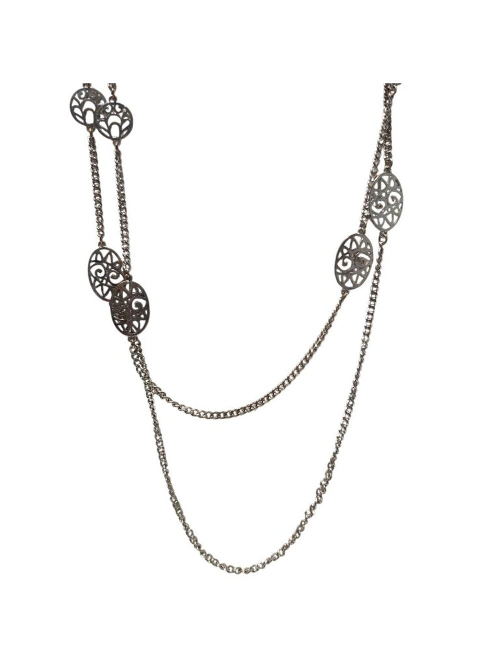 Elegant Double Strand Chain Necklace Filigree Oval Accents Silver Tone Jewelry